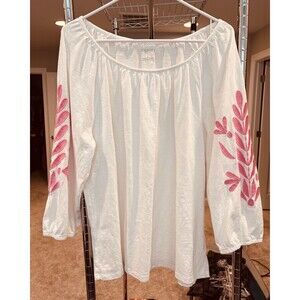 Talbots Peasant Blouse White Pink Embroidered Sleeves roll collar Cotton Size XL